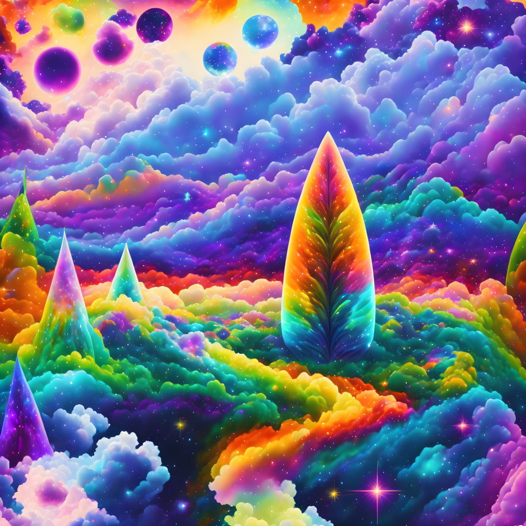 Psychedelic multicolored landscape with crystal trees and floating orbs