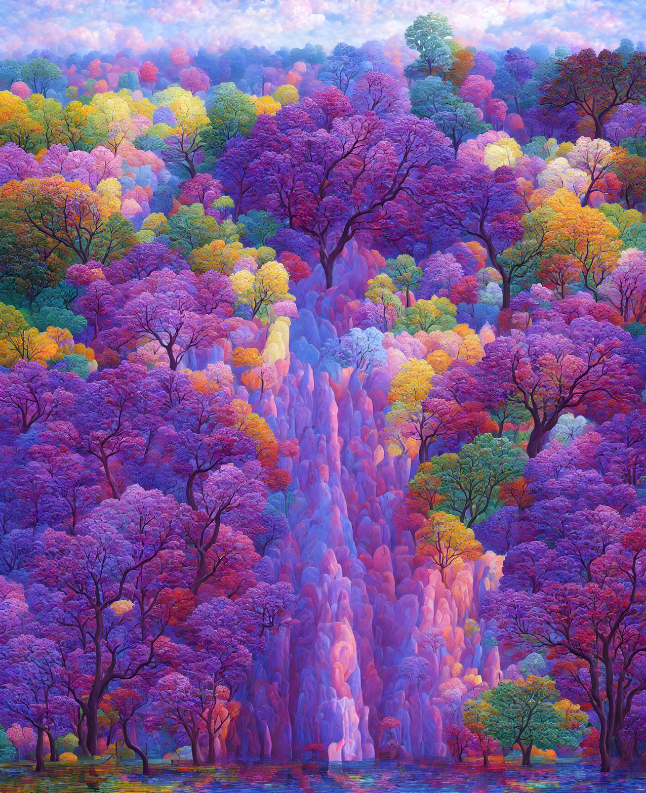 Vibrant forest with purple, pink, and blue trees: a dreamlike scene