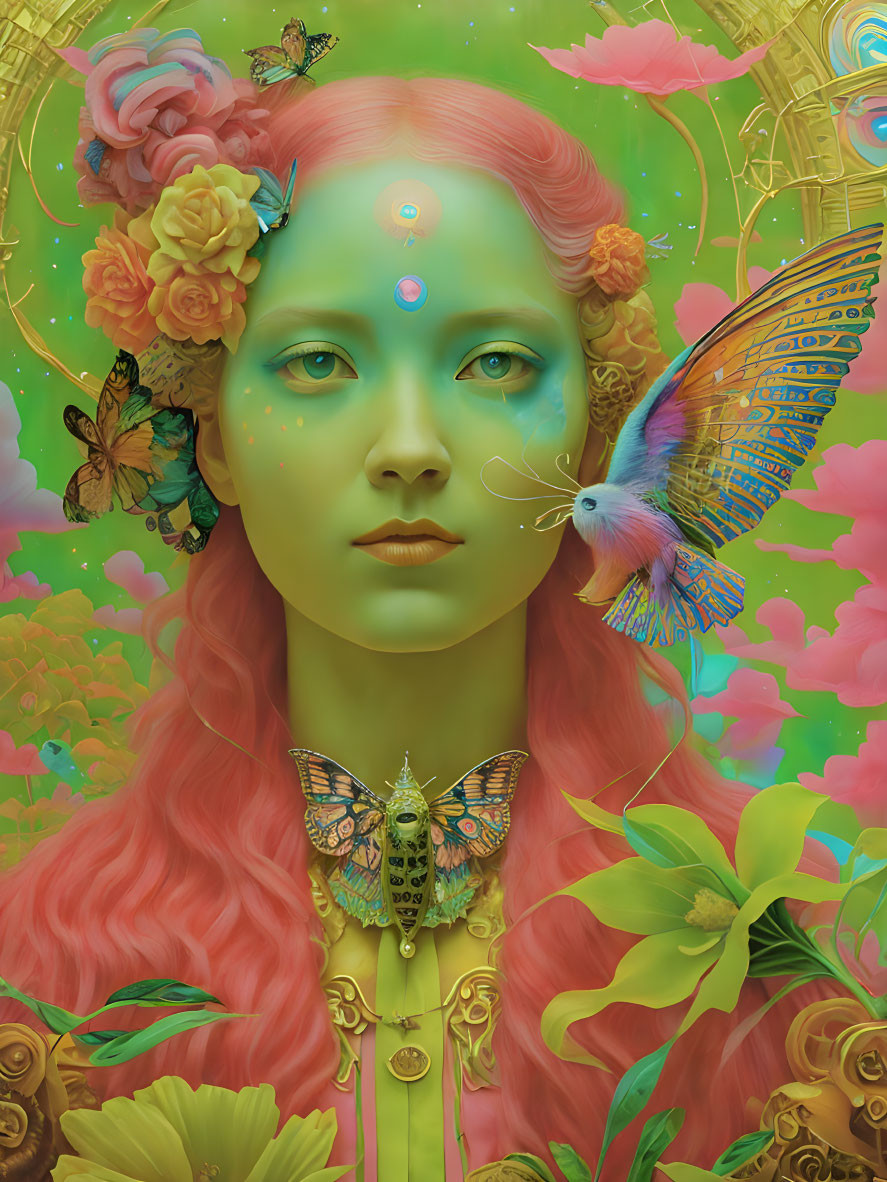 Surreal portrait with pink hair, green skin, flowers, butterflies