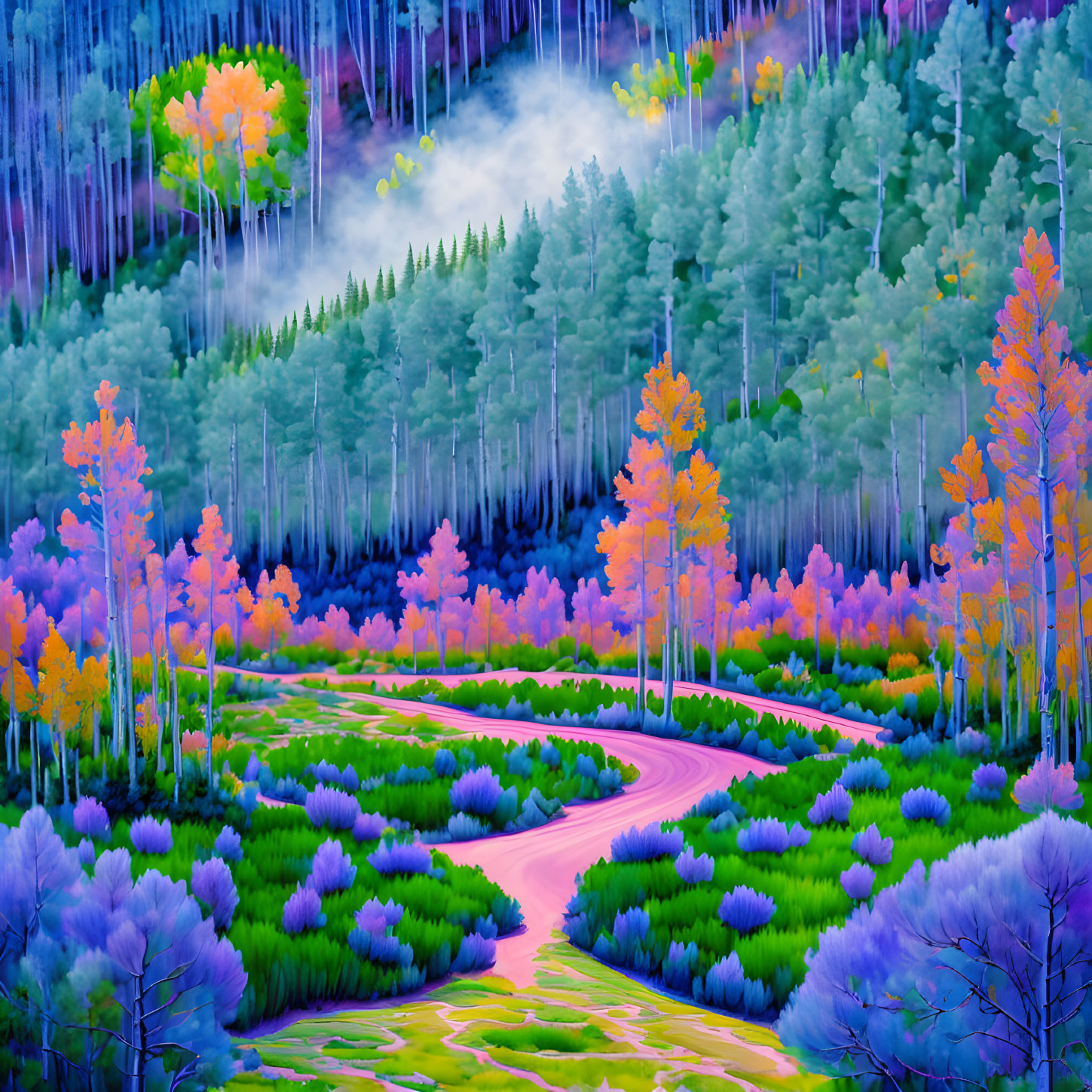 Colorful illustration: Winding forest path with vibrant trees & mist