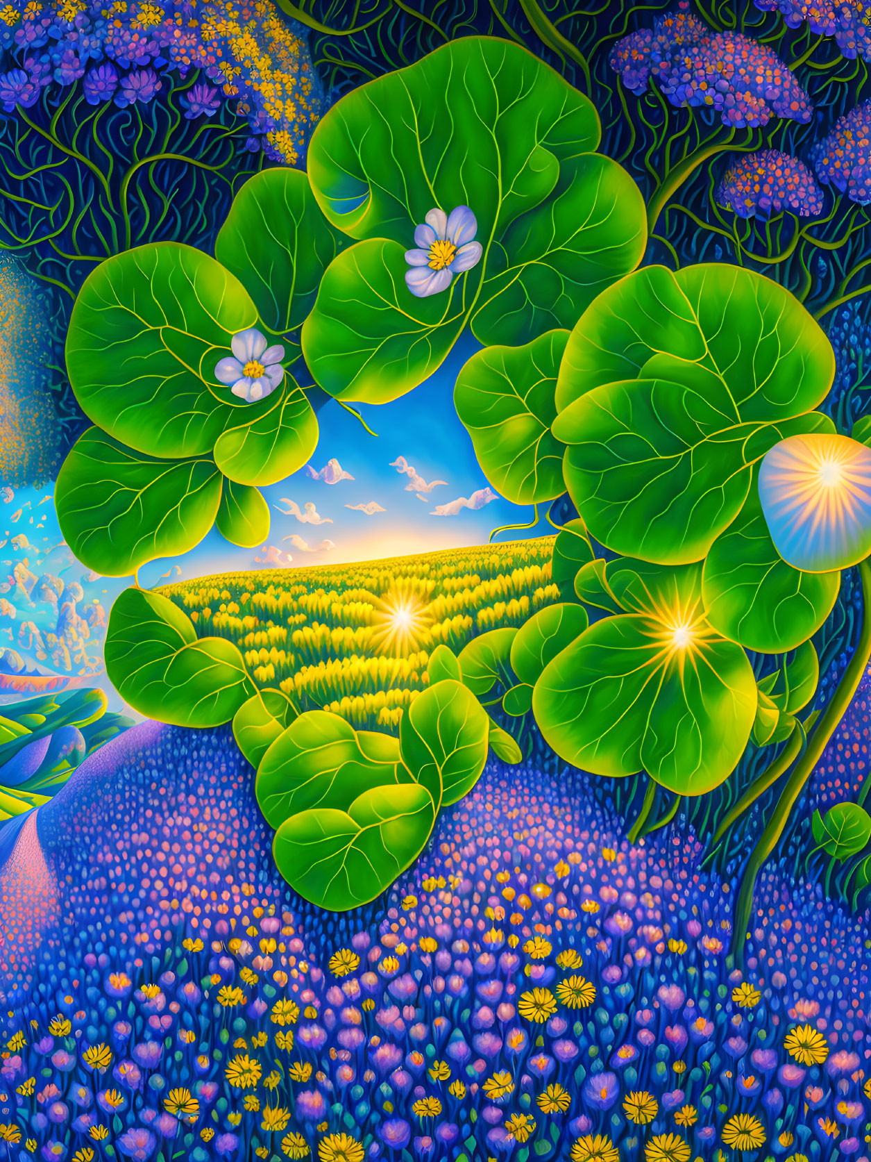 Colorful psychedelic illustration: Oversized green leaves, white flowers in circular pattern, sunset sky backdrop.