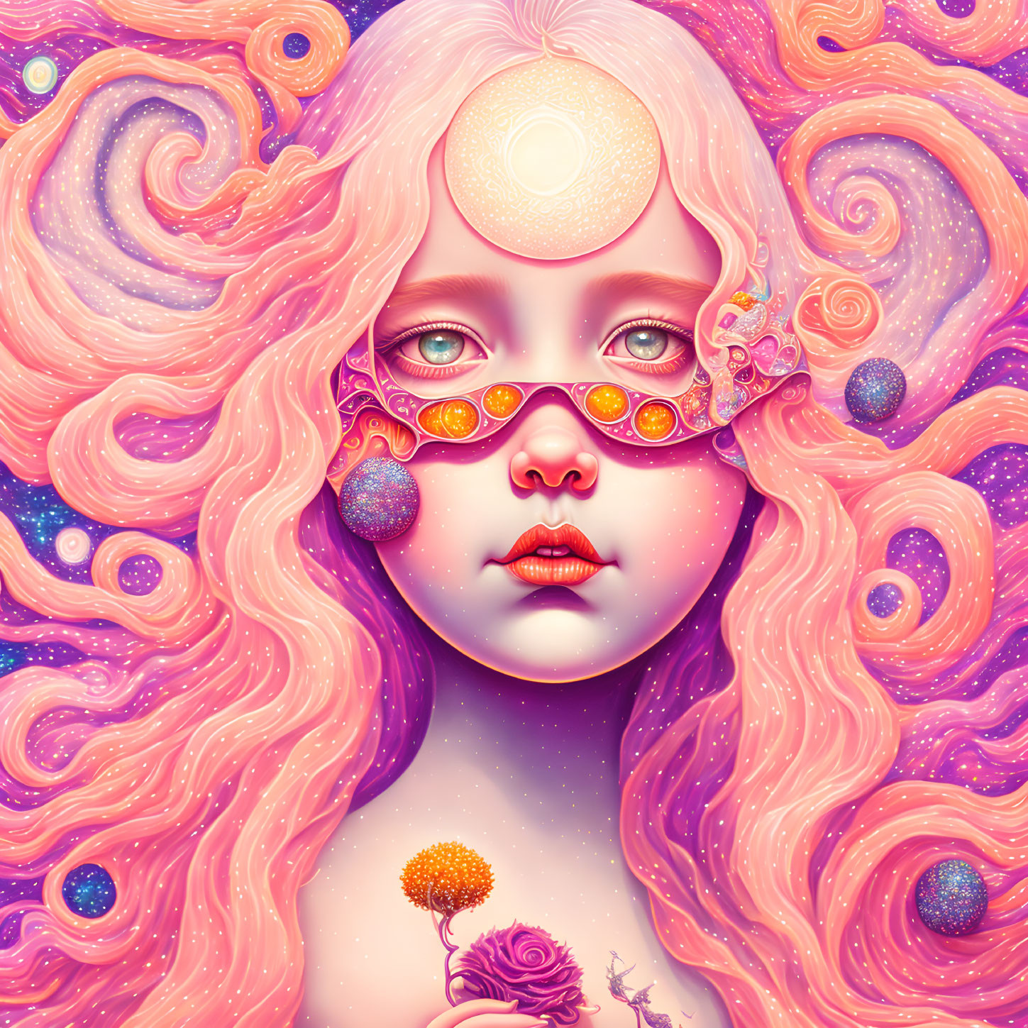 Surreal portrait of woman with pink hair and cosmic elements