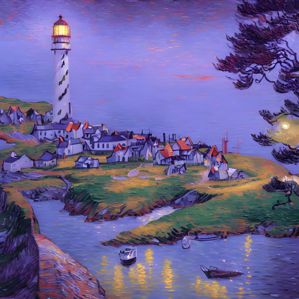 Coastal Village with Lighthouse, Houses, Boats, and Dusk Sky