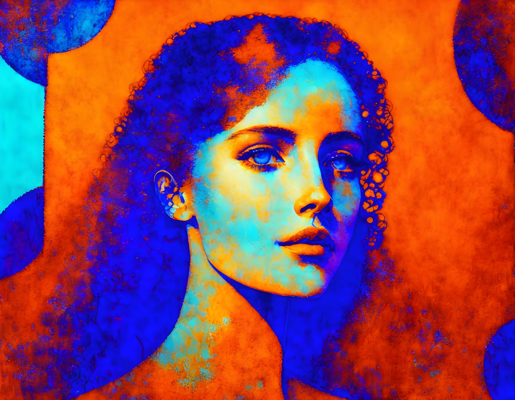 Colorful image of woman with orange and blue thermal-like hues.