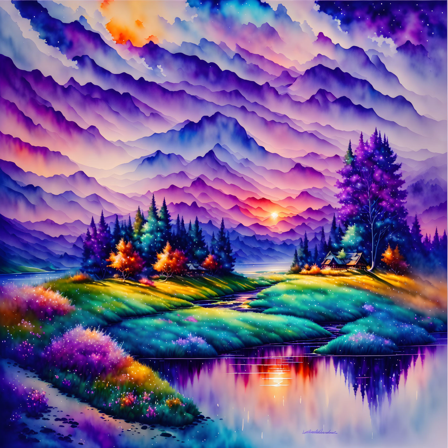 Colorful Surreal Landscape with Mountains, Lake, Sunset Sky, Trees, and Cabin