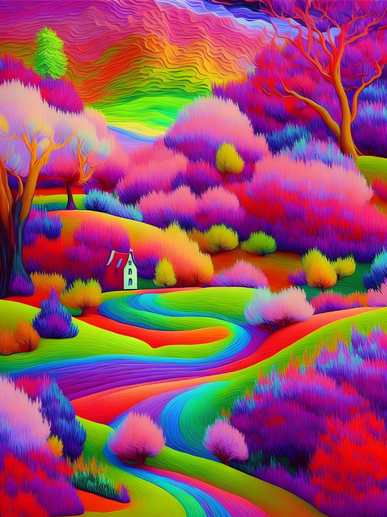 Colorful Psychedelic Landscape with Winding Path and Stylized Trees