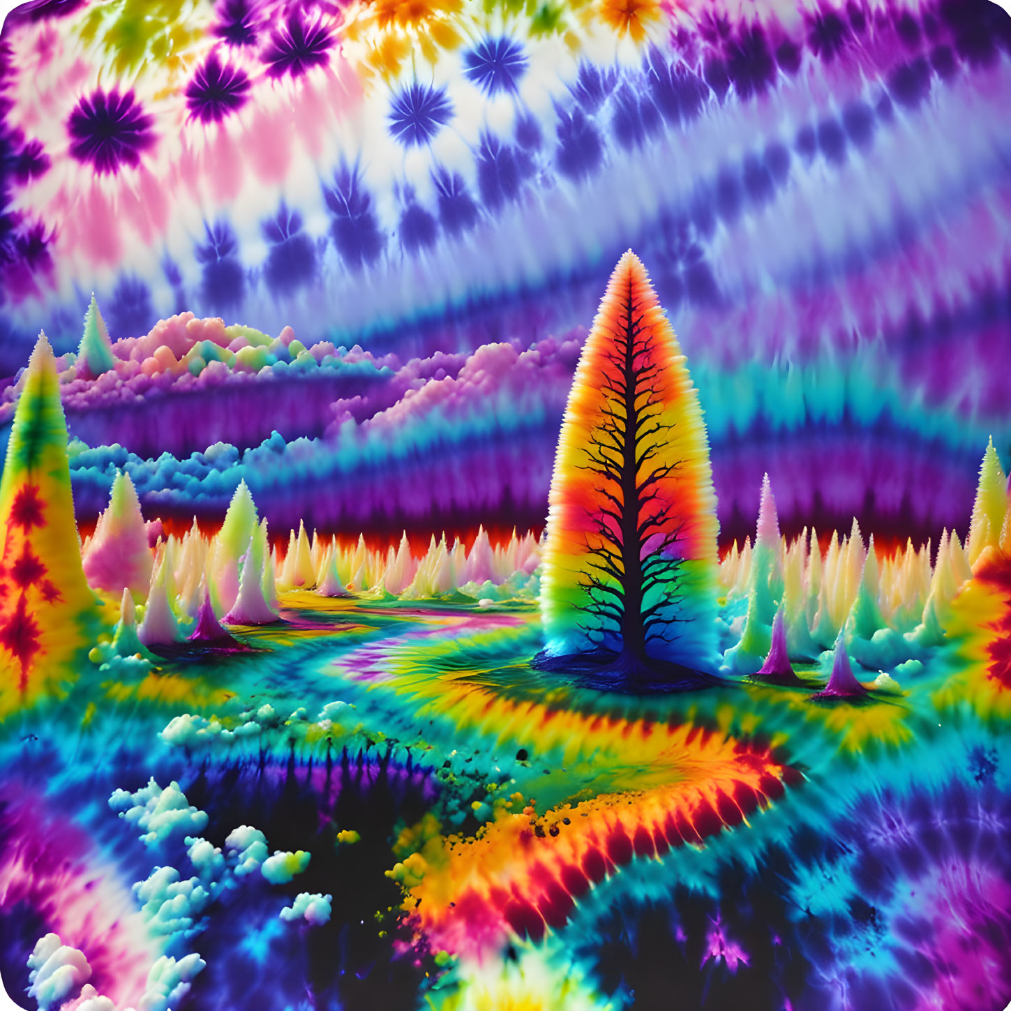 Colorful Psychedelic Landscape with Fractal Patterns and Spiky Tree-like Formations