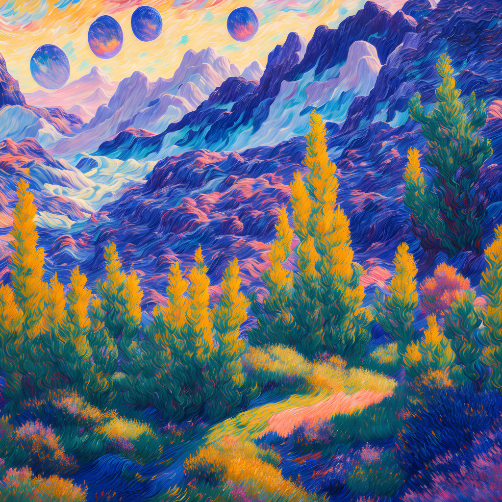 Colorful landscape with stylized trees, hills, mountains, and three moons in vibrant swirls