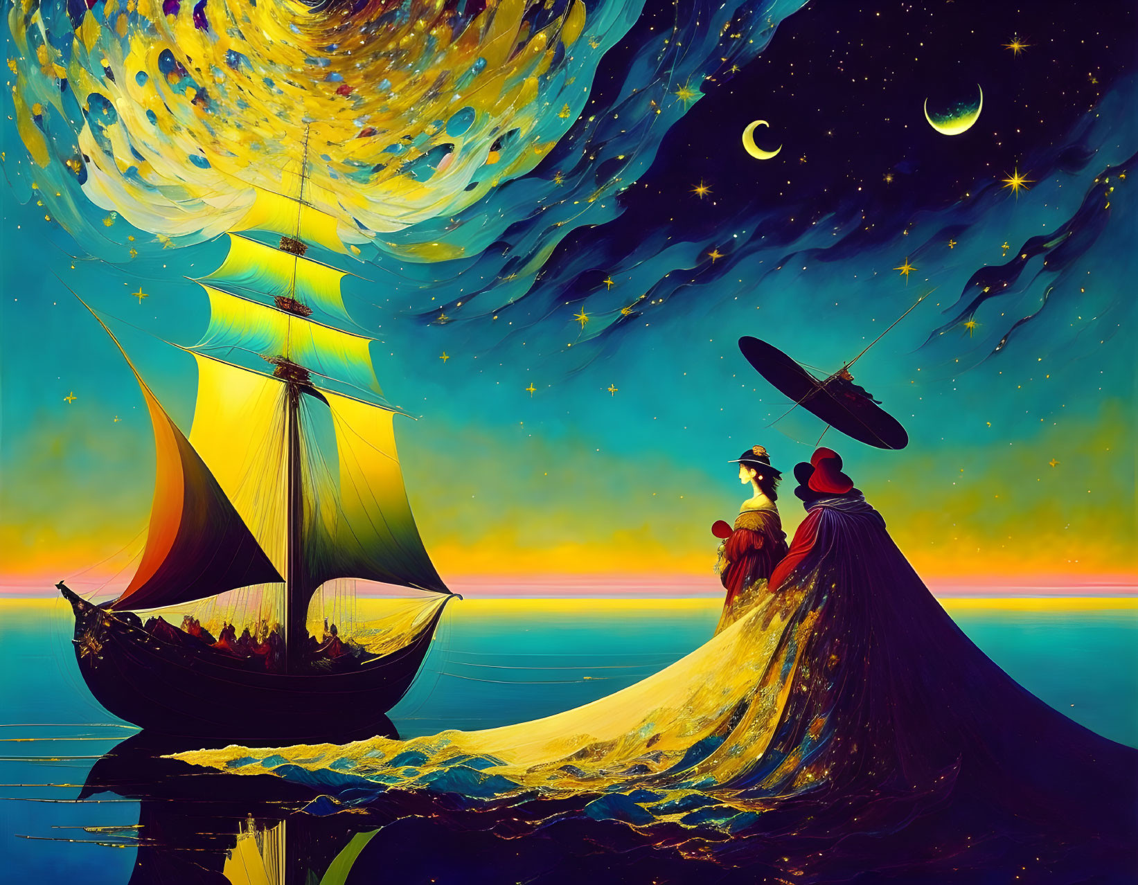 Sailboat on golden sea with couple under starry sky and galaxy swirl