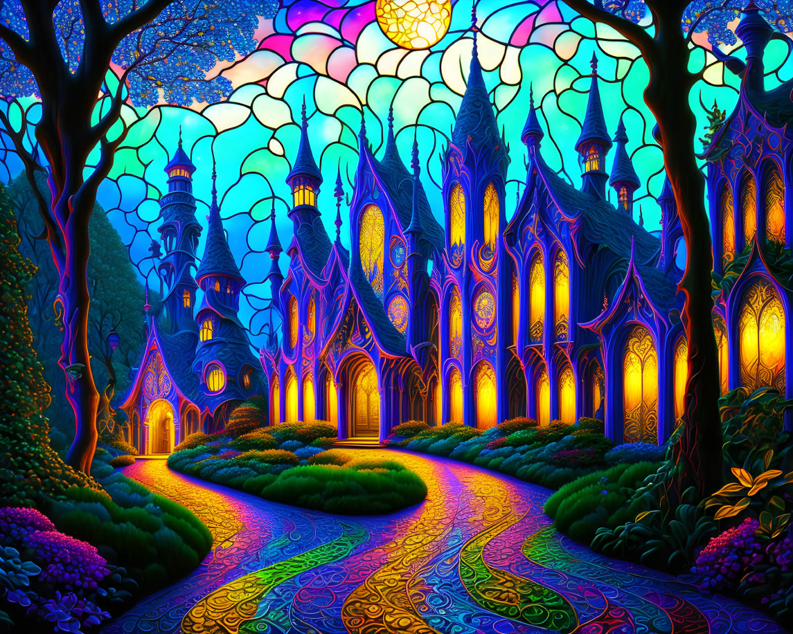 Colorful fantasy garden with glowing castle and illuminated trees