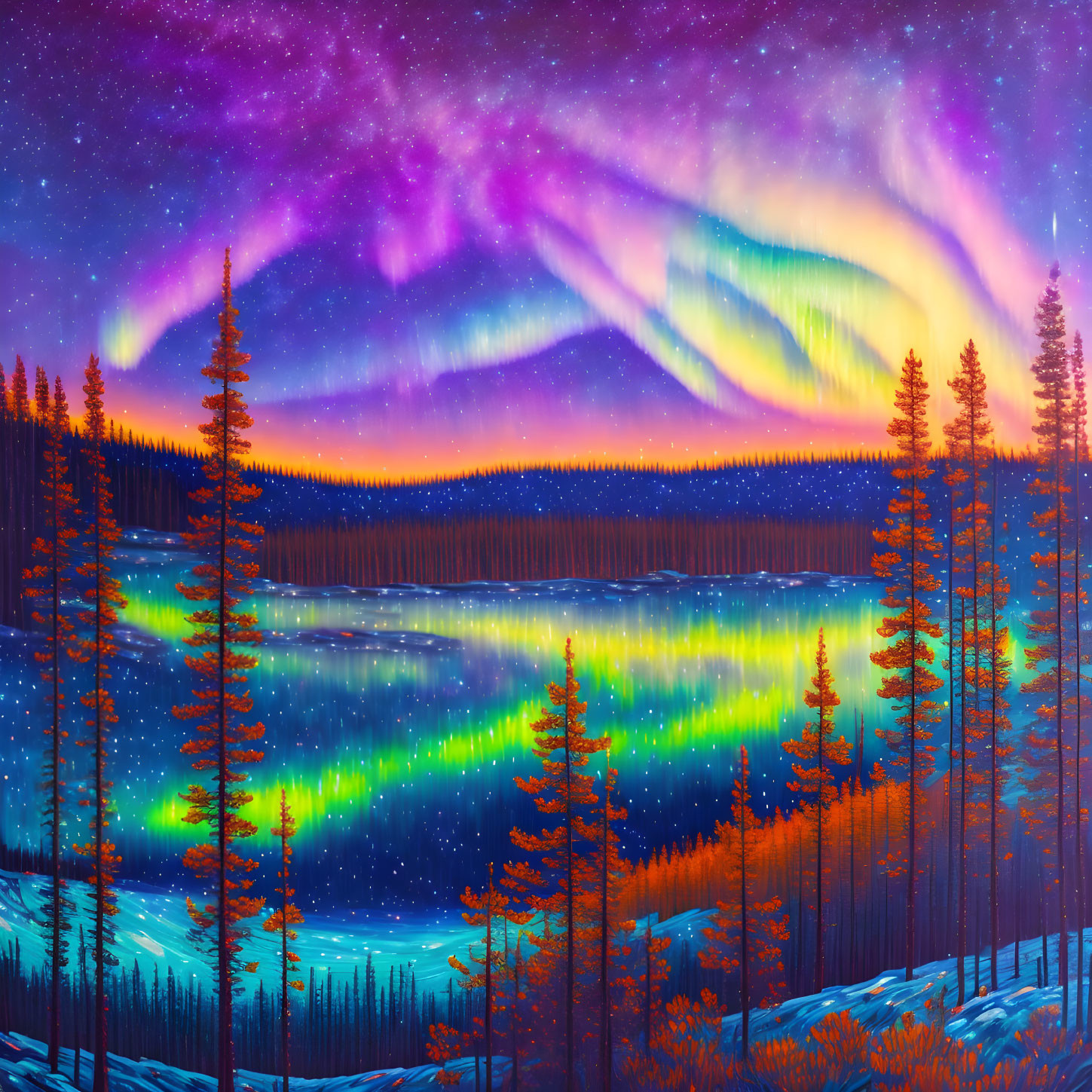 Northern Lights shimmer above tranquil lake, pine forest, starlit sky