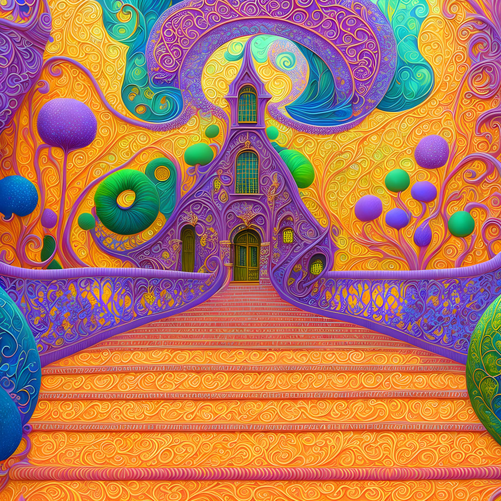 Colorful Psychedelic Mansion Illustration with Swirling Patterns