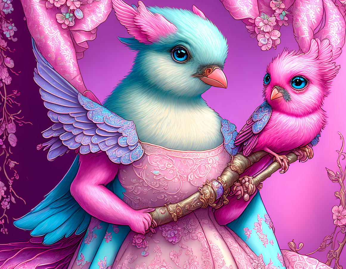 Stylized anthropomorphic birds in elegant attire on branch with floral backdrop