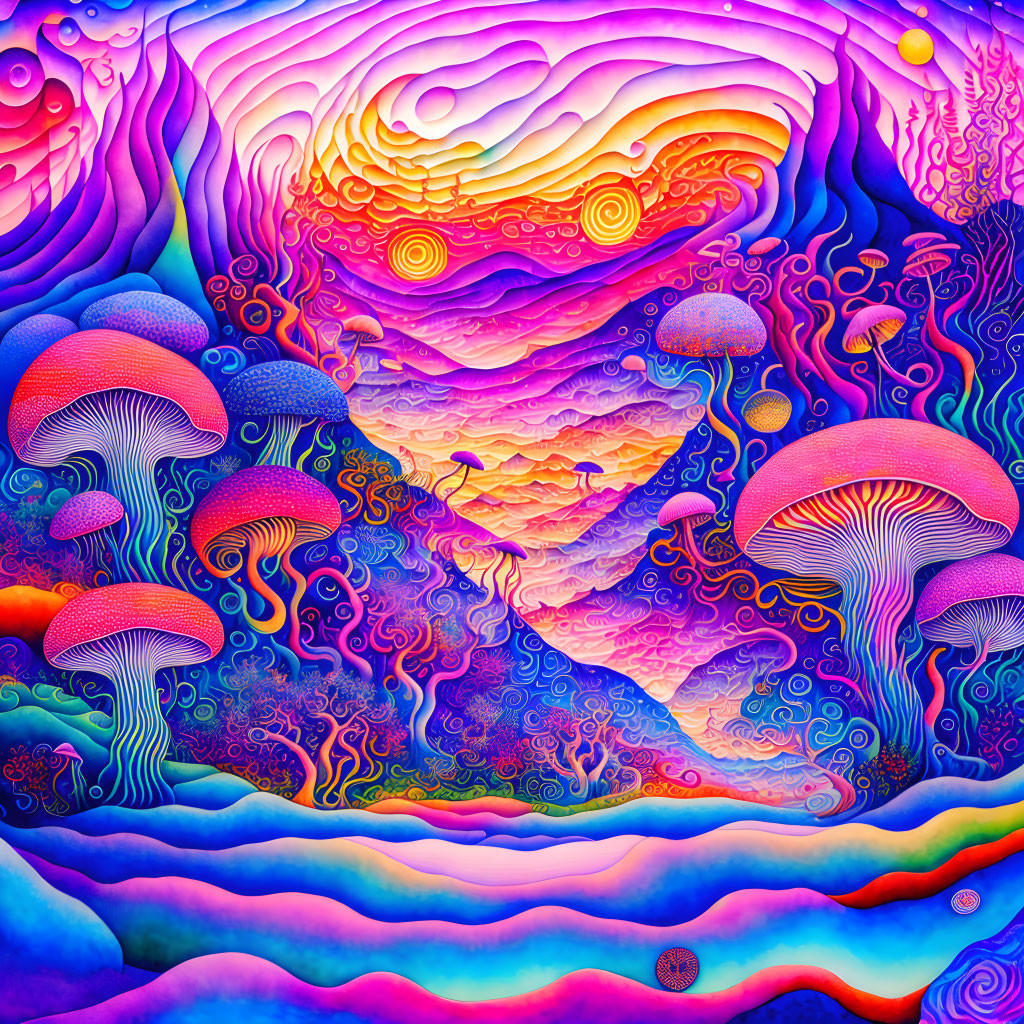 Colorful Psychedelic Ocean Wave and Mushroom Illustration