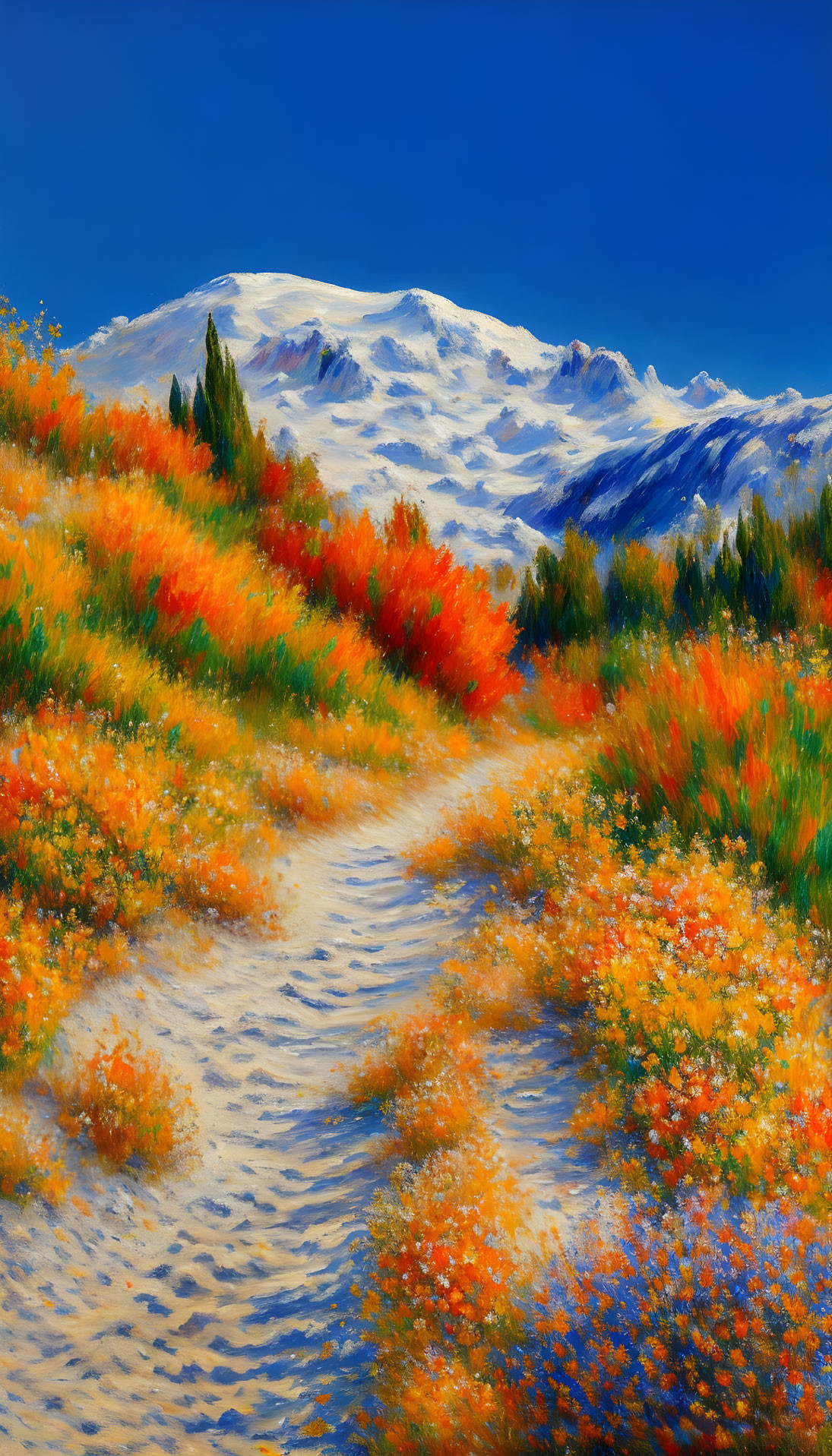 Colorful Autumn Foliage and Snow-Capped Mountain Painting