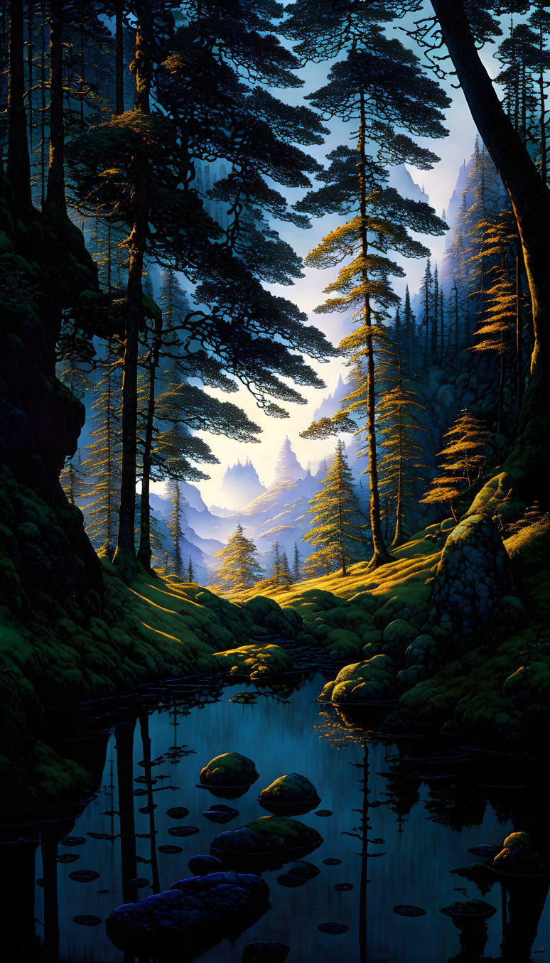 Serene Forest Landscape with River, Sunlight, and Mountains