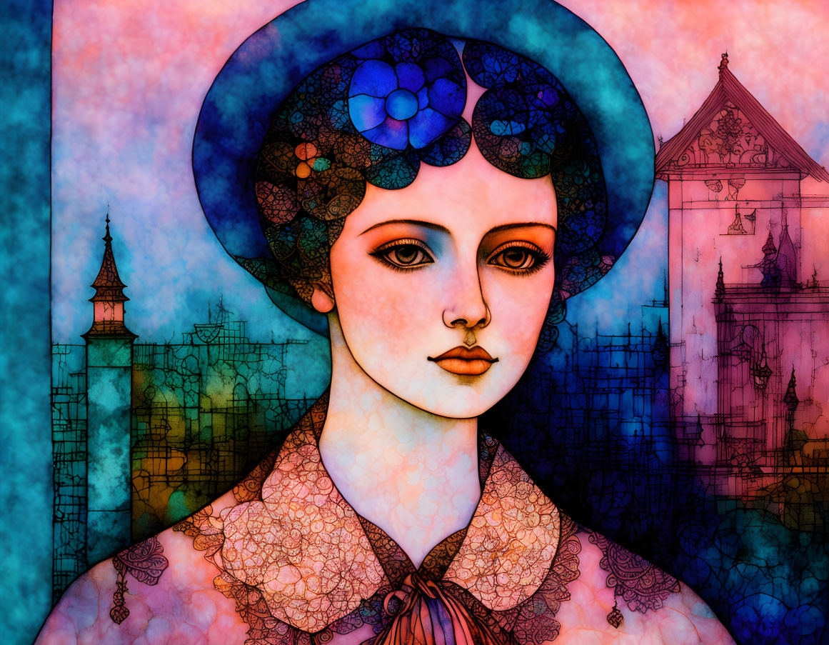 Colorful Stylized Portrait of Woman with Decorative Hat and Architectural Background