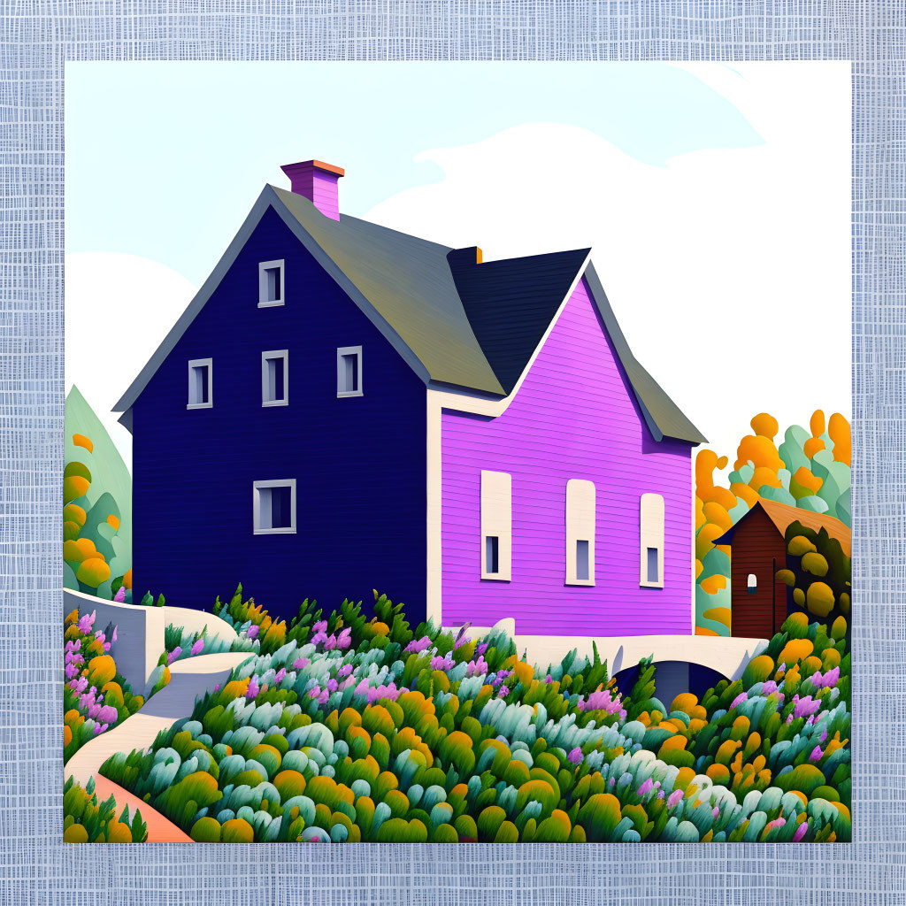 Whimsical houses and gardens under blue sky with fluffy clouds