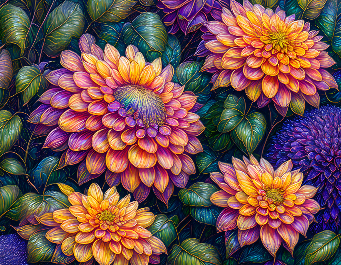 Colorful digital artwork featuring blooming orange-yellow flowers and lush green and purple foliage with a textured,