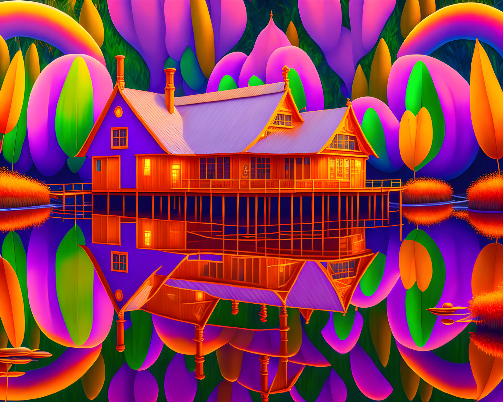 Surreal illustration of wooden house on stilts amidst colorful plant-like forms