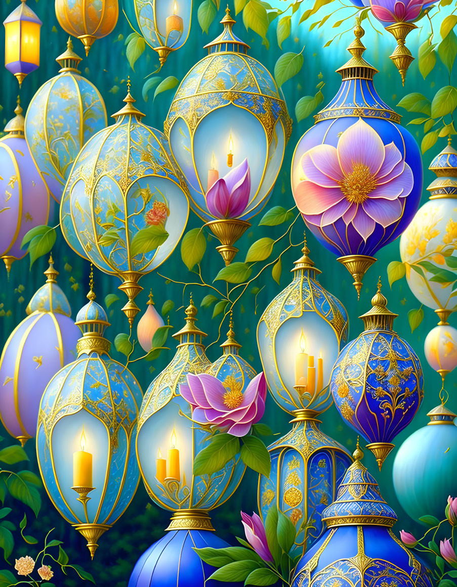 Detailed illustration: Ornate lanterns, candles, lush flowers, and leaves in fairy-tale style