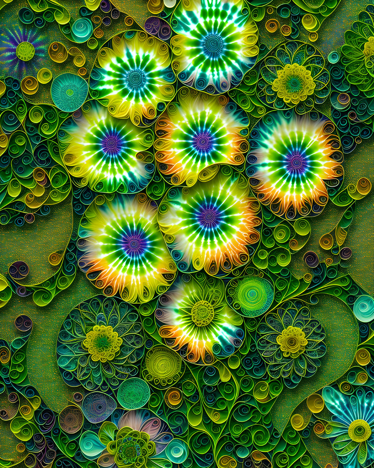 Colorful digital artwork: intricate fractal patterns in green, yellow, and blue