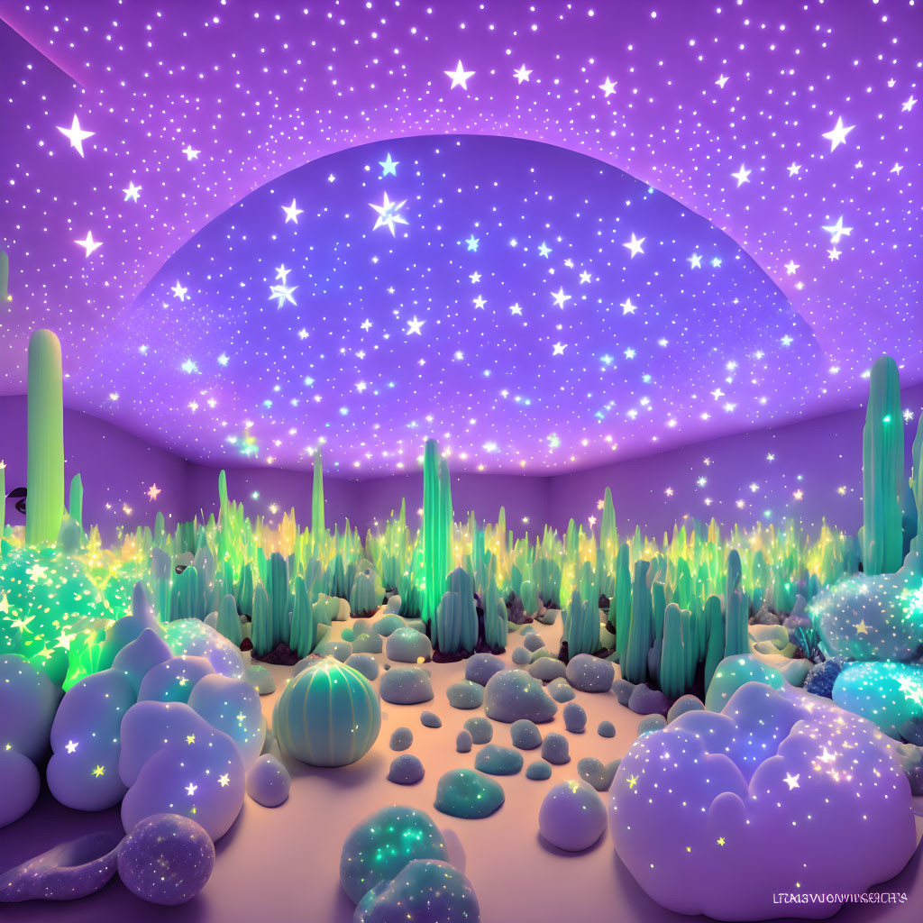 Digital art: Mystical desert scene with cacti, stones, purple star-filled sky, and