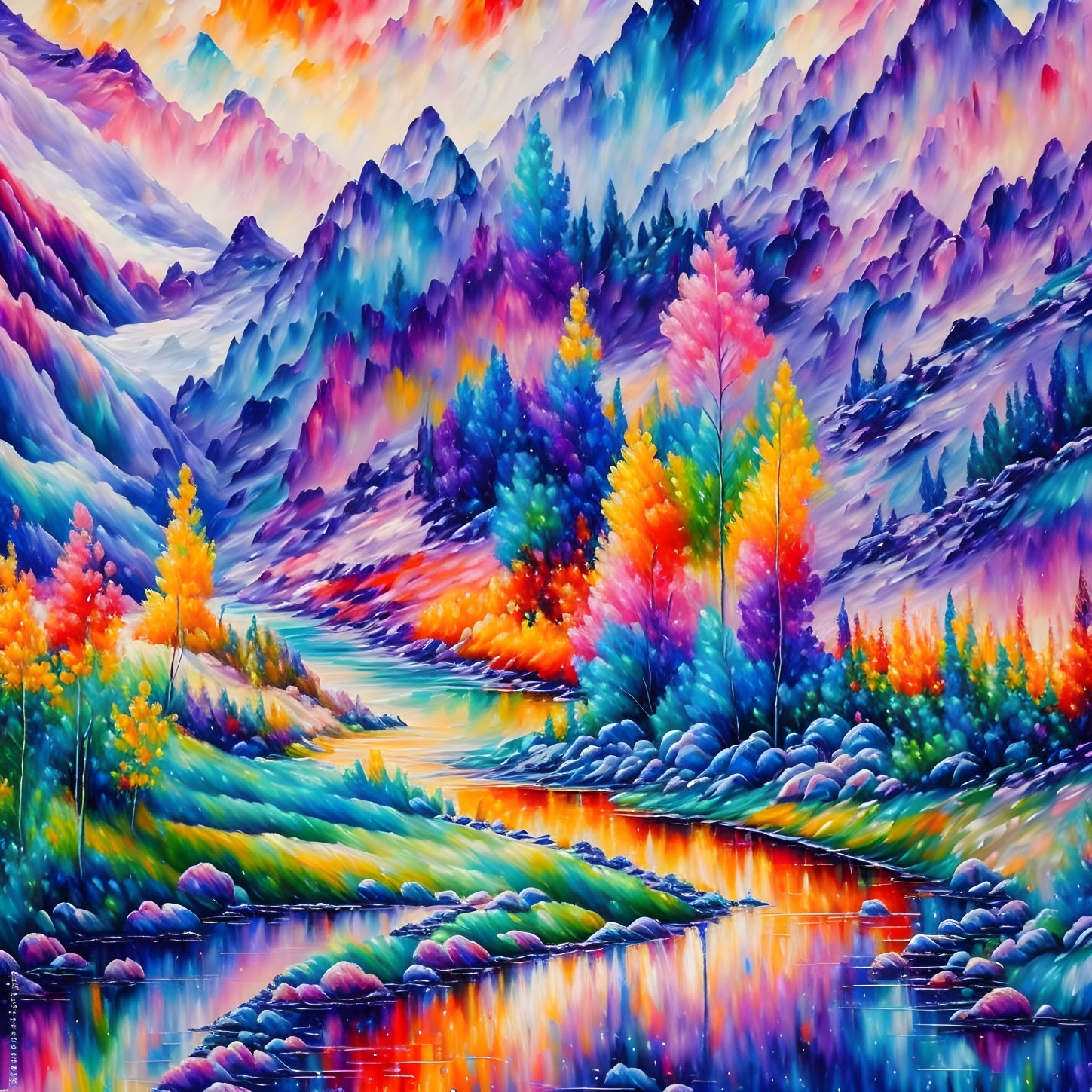 Colorful Mountain Landscape Painting with River and Trees