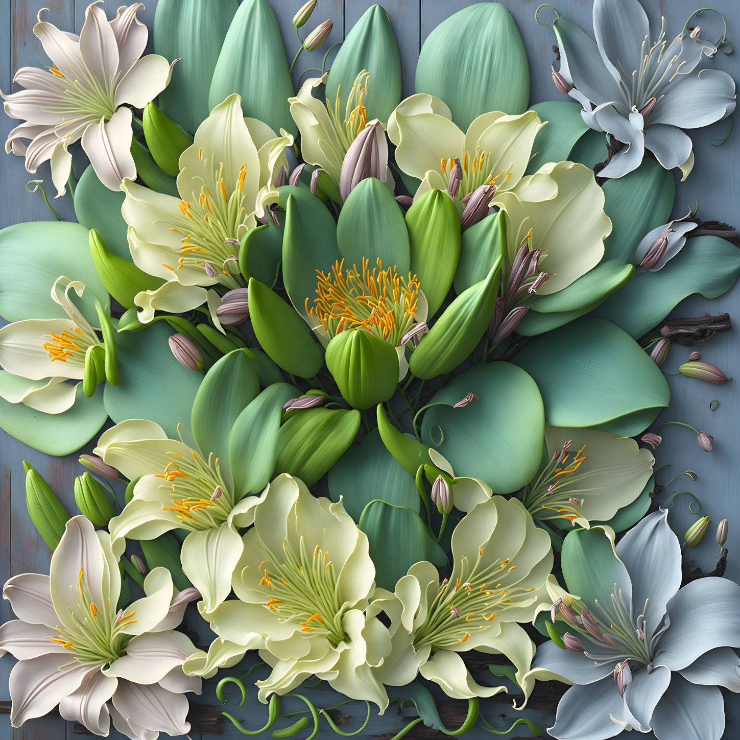 Detailed Floral Arrangement of White Lilies and Green Lotuses on Wooden Background