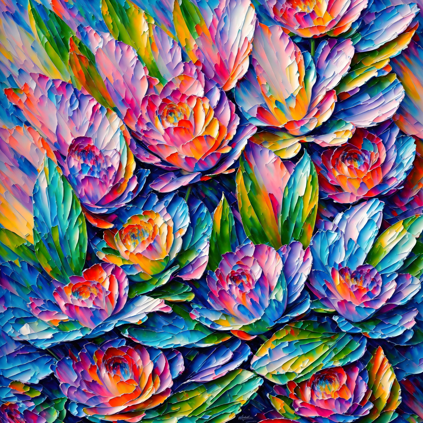 Colorful painting of blooming flowers with blue, pink, and orange hues