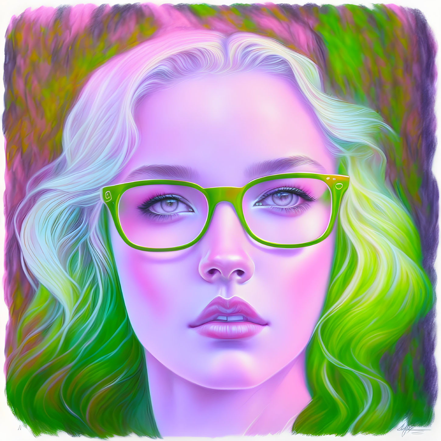 Colorful portrait of woman with green hair and glasses in pink and purple hues