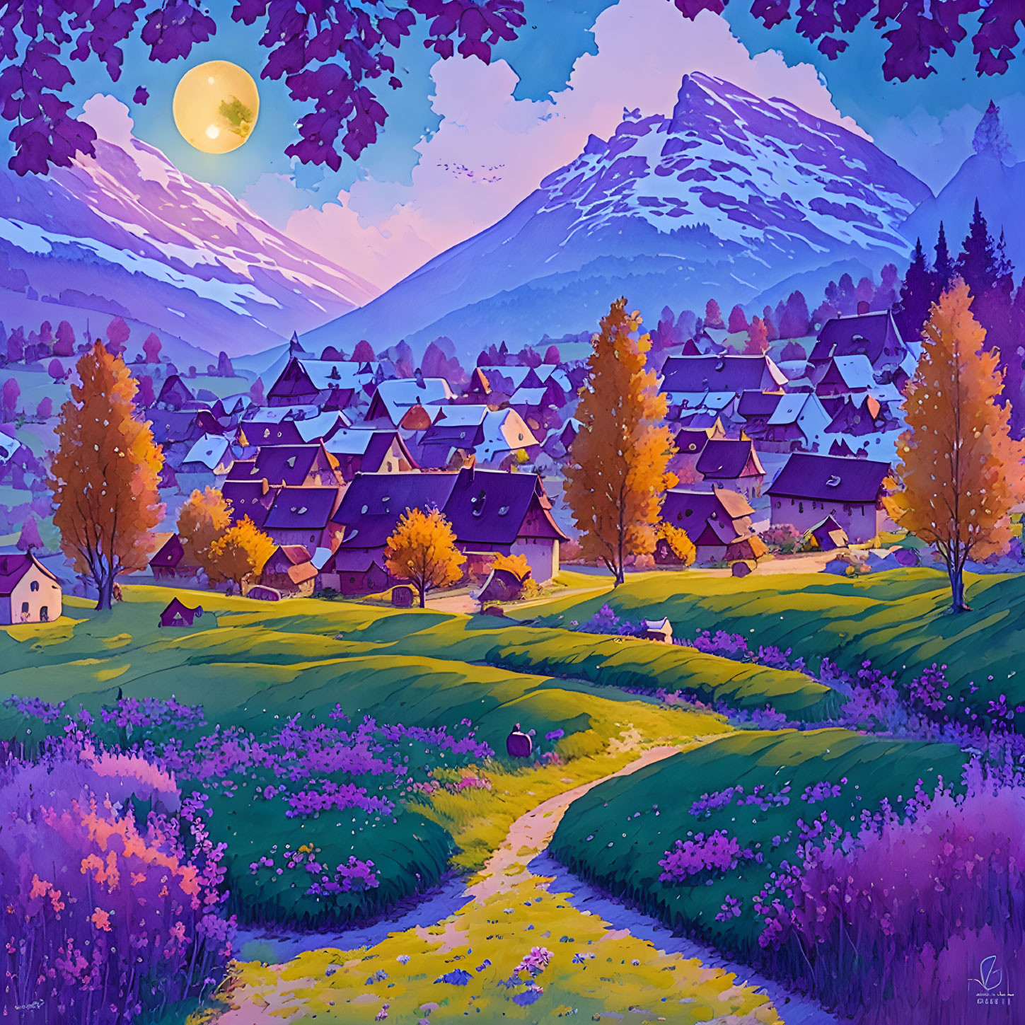 Scenic village with cozy houses in a purple flower valley