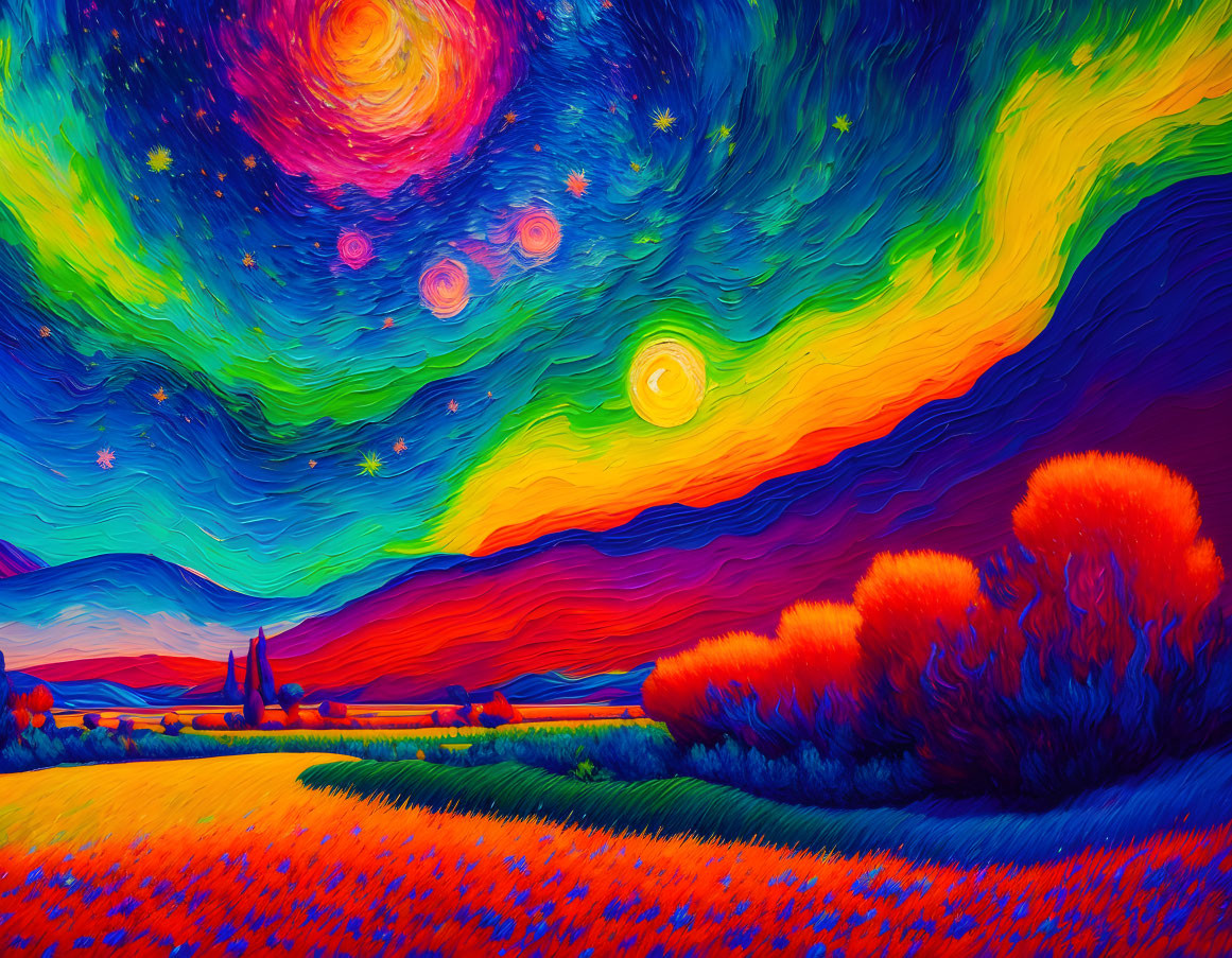 Colorful Landscape Painting: Swirling Sky, Star Patterns, and Celestial Field