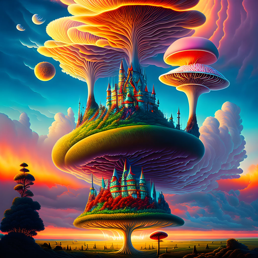 Surreal landscape with colossal mushroom-shaped structures and fantastical castles under a vibrant sky.