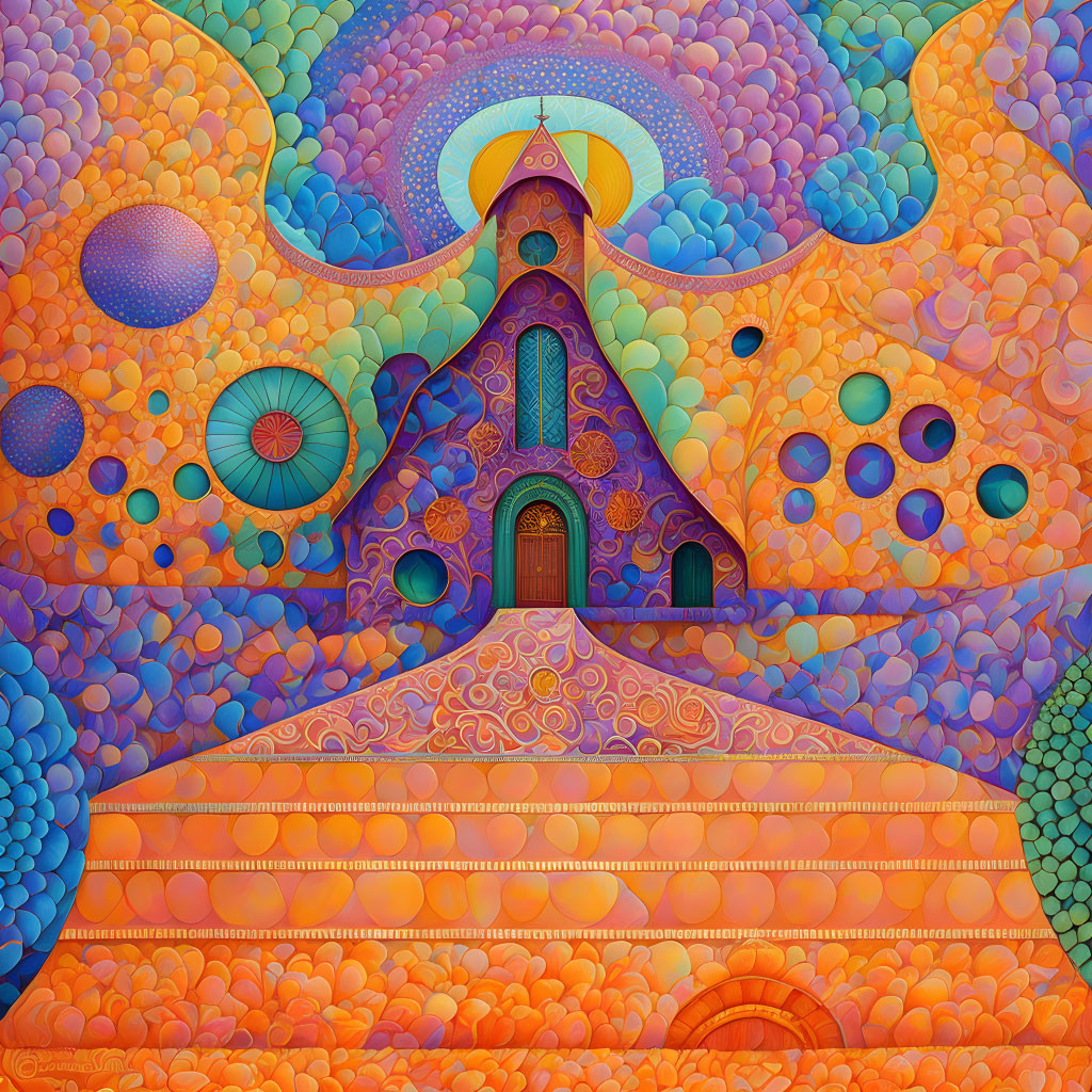 Vibrant, colorful psychedelic house with circular patterns in orange, blue, and purple hues