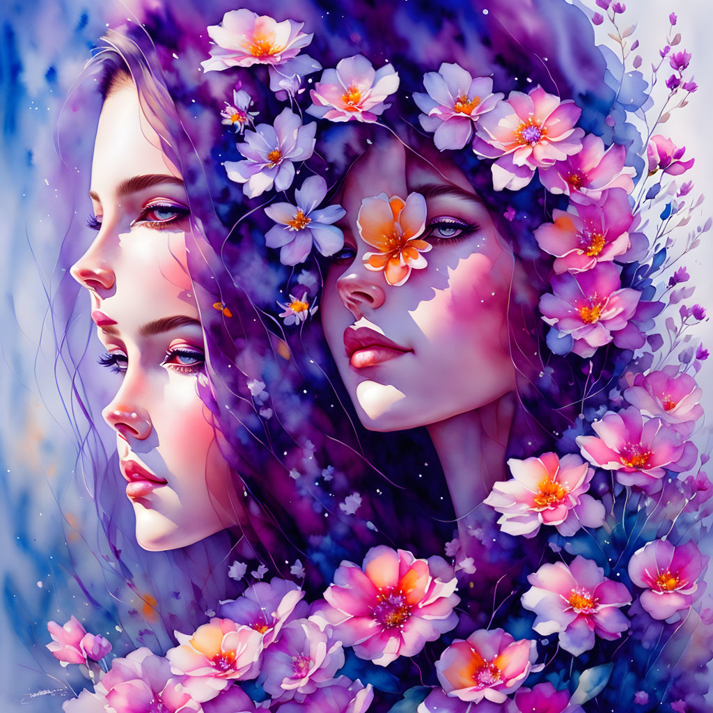 Ethereal women's faces in pink and purple floral watercolor.