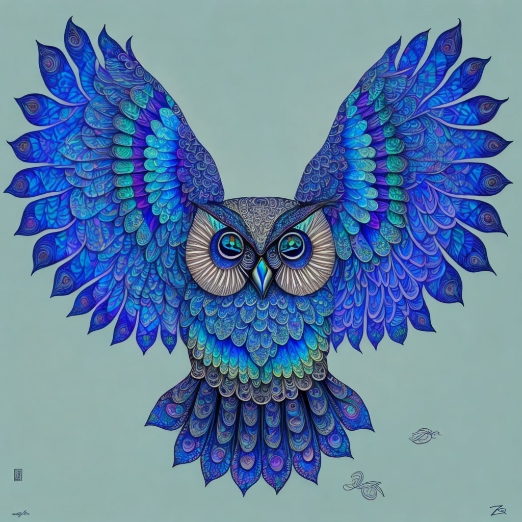 Symmetrical Owl Illustration with Blue and Purple Feathers