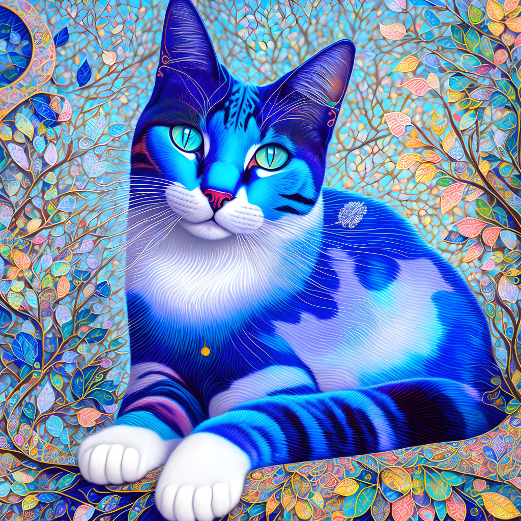 Colorful digital artwork: Blue cat with intricate patterns on leaf-filled background