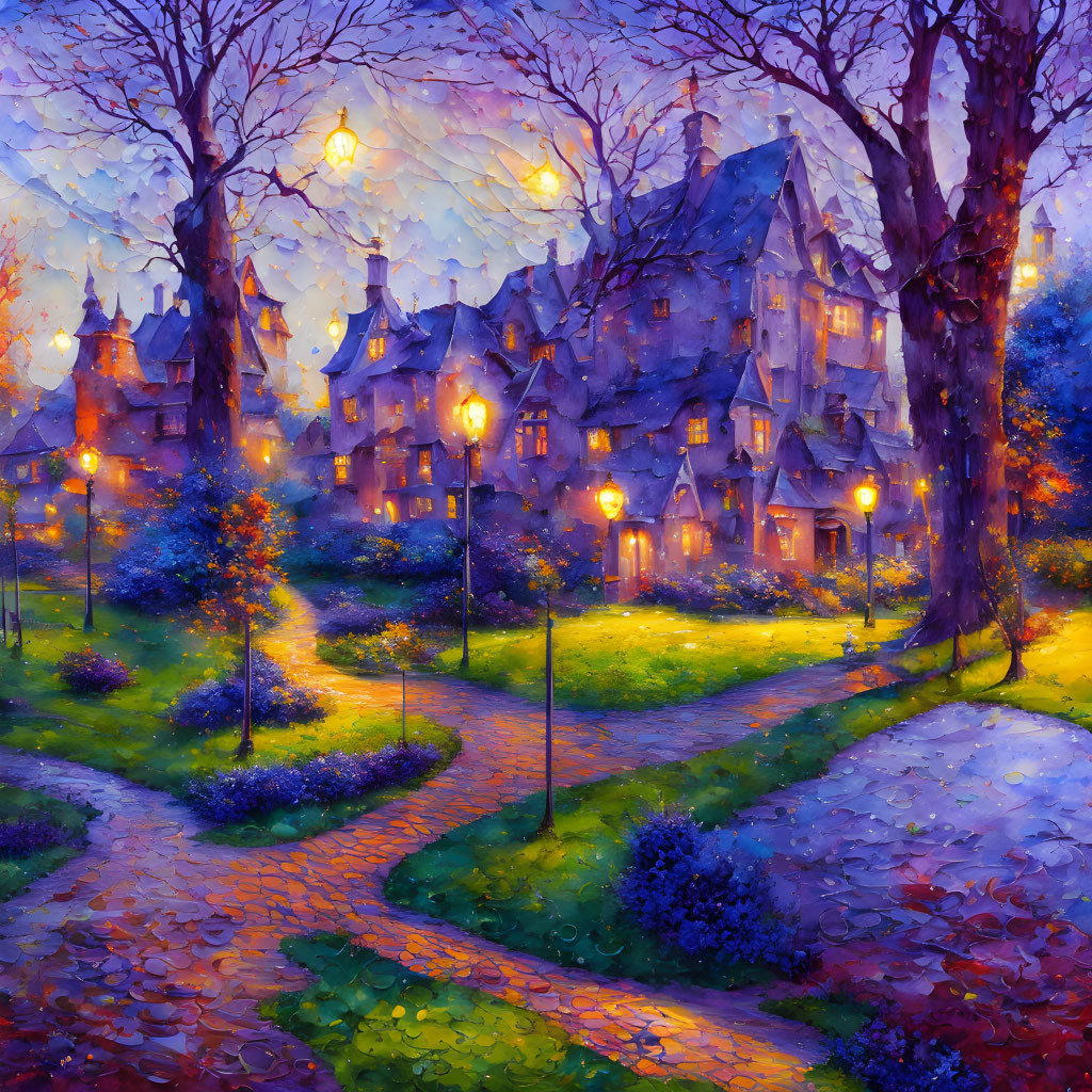 Twilight garden scene with illuminated street lamps and whimsical house