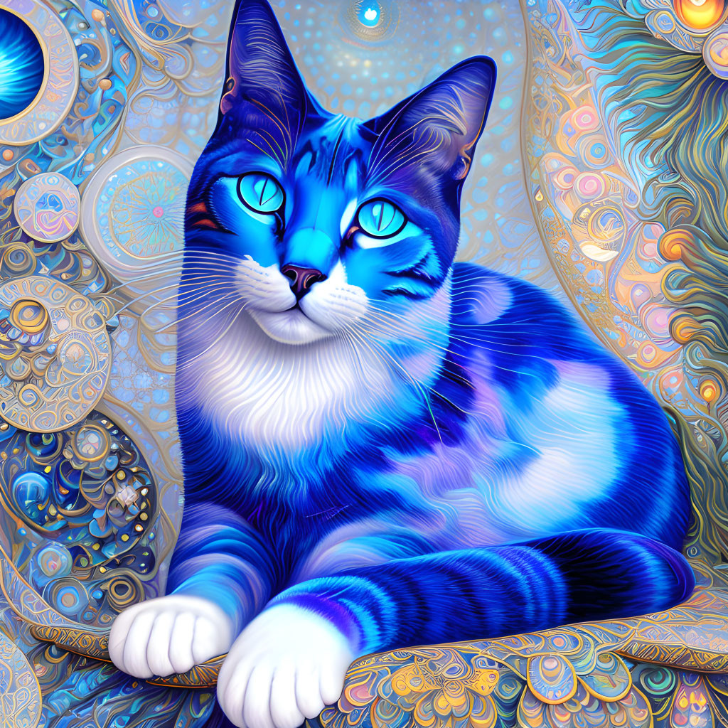 Colorful cat with glowing eyes in Van Gogh-like scene