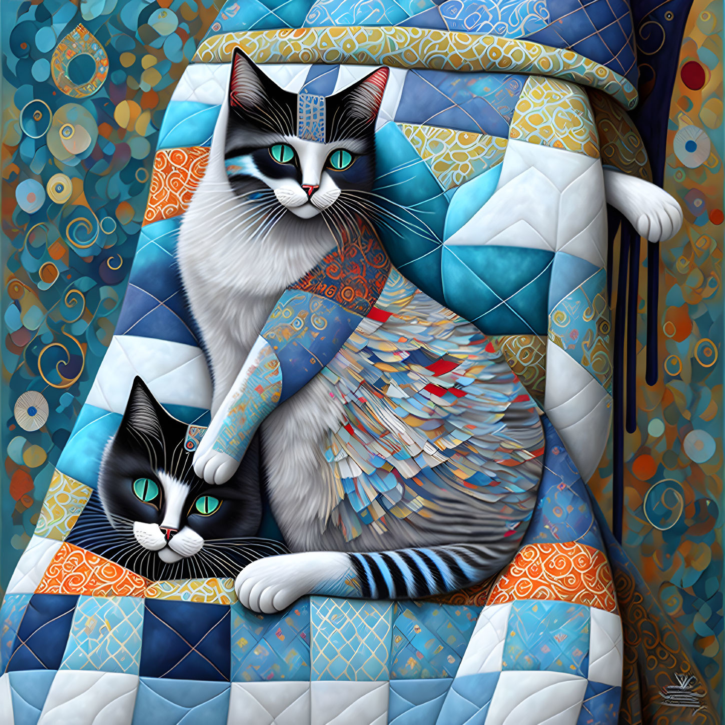 Stylized cats with decorative patterns on colorful quilt