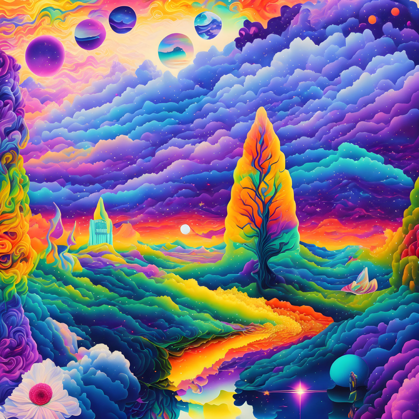 Colorful Psychedelic Landscape with Fiery Tree and Floating Planets