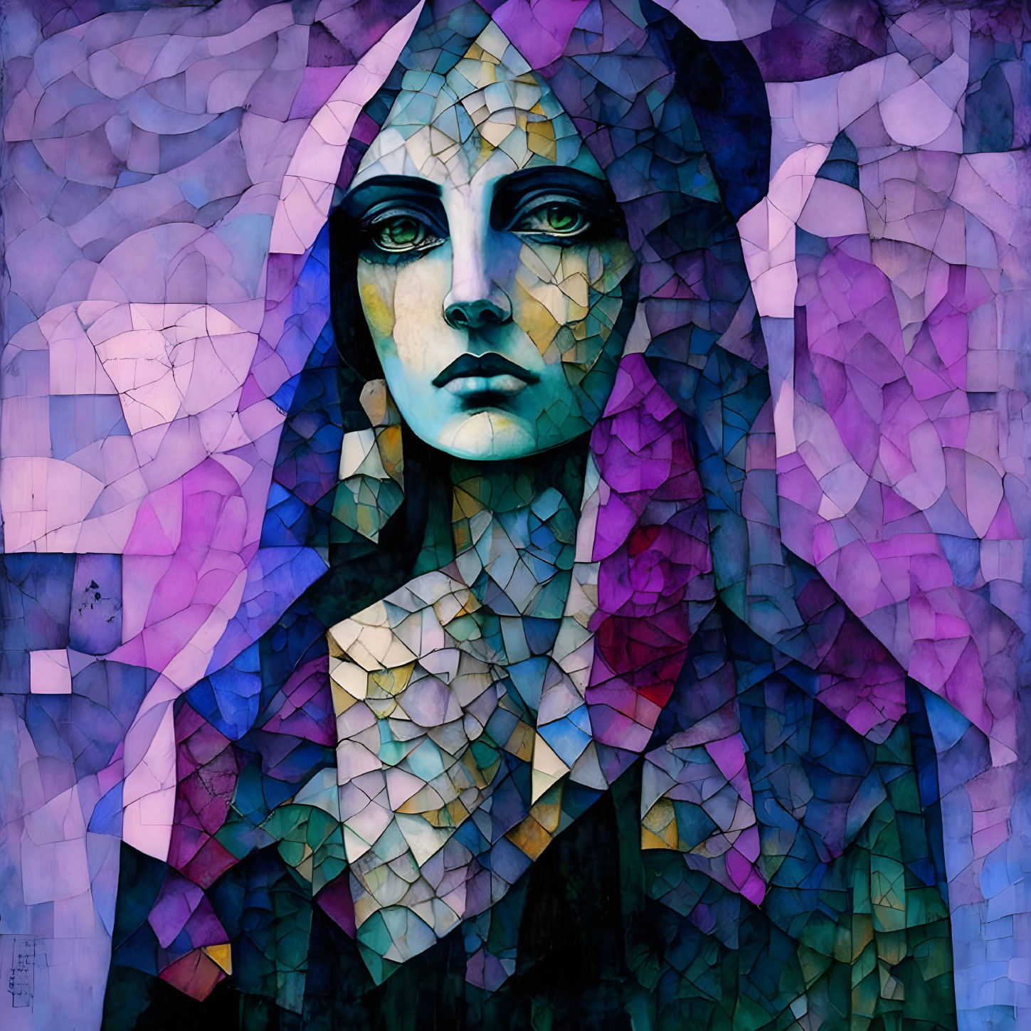 Colorful Mosaic Portrait of Woman with Striking Blue Eyes