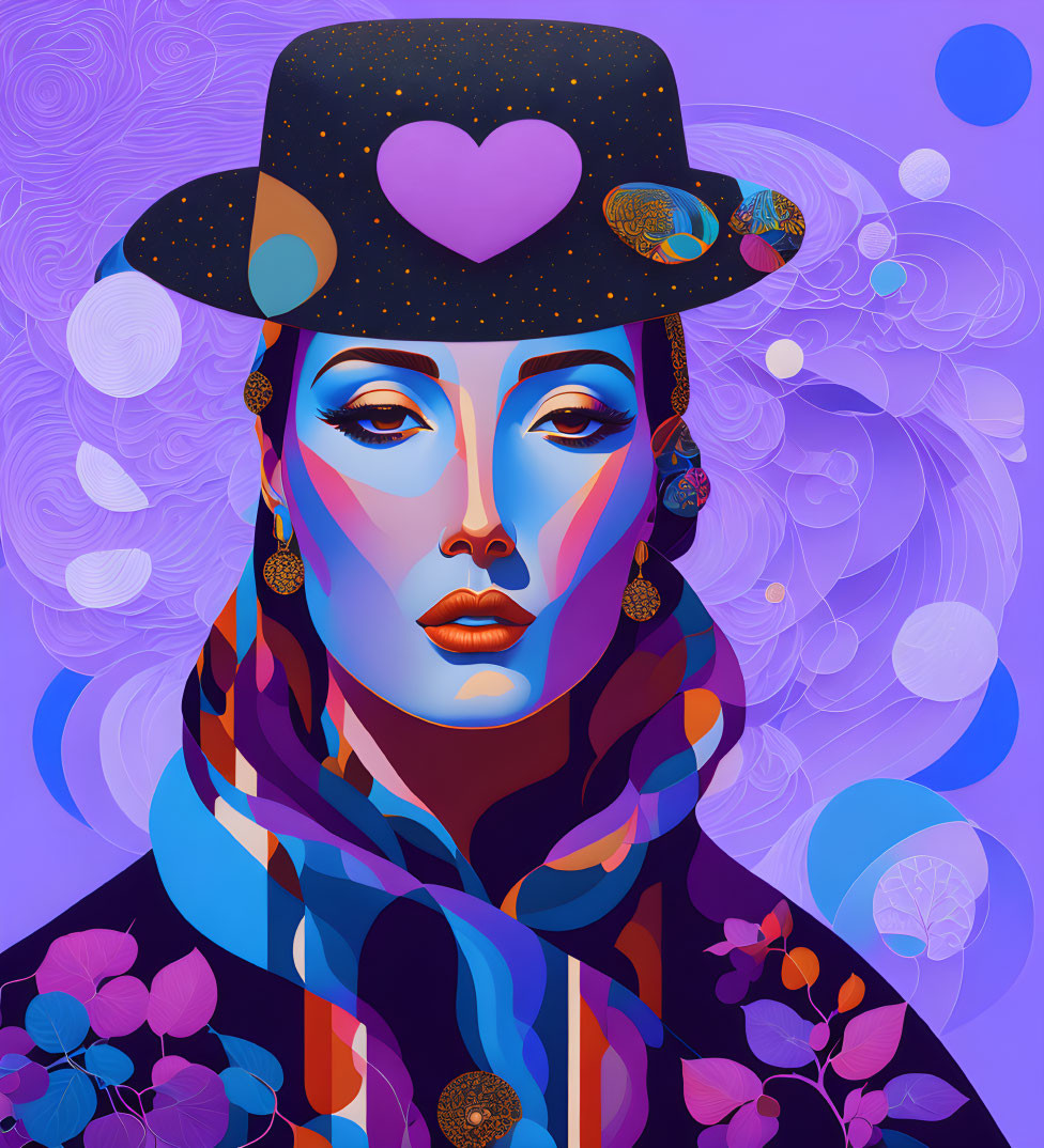 Colorful digital artwork: stylized woman with heart hat, geometric patterns, purple background.