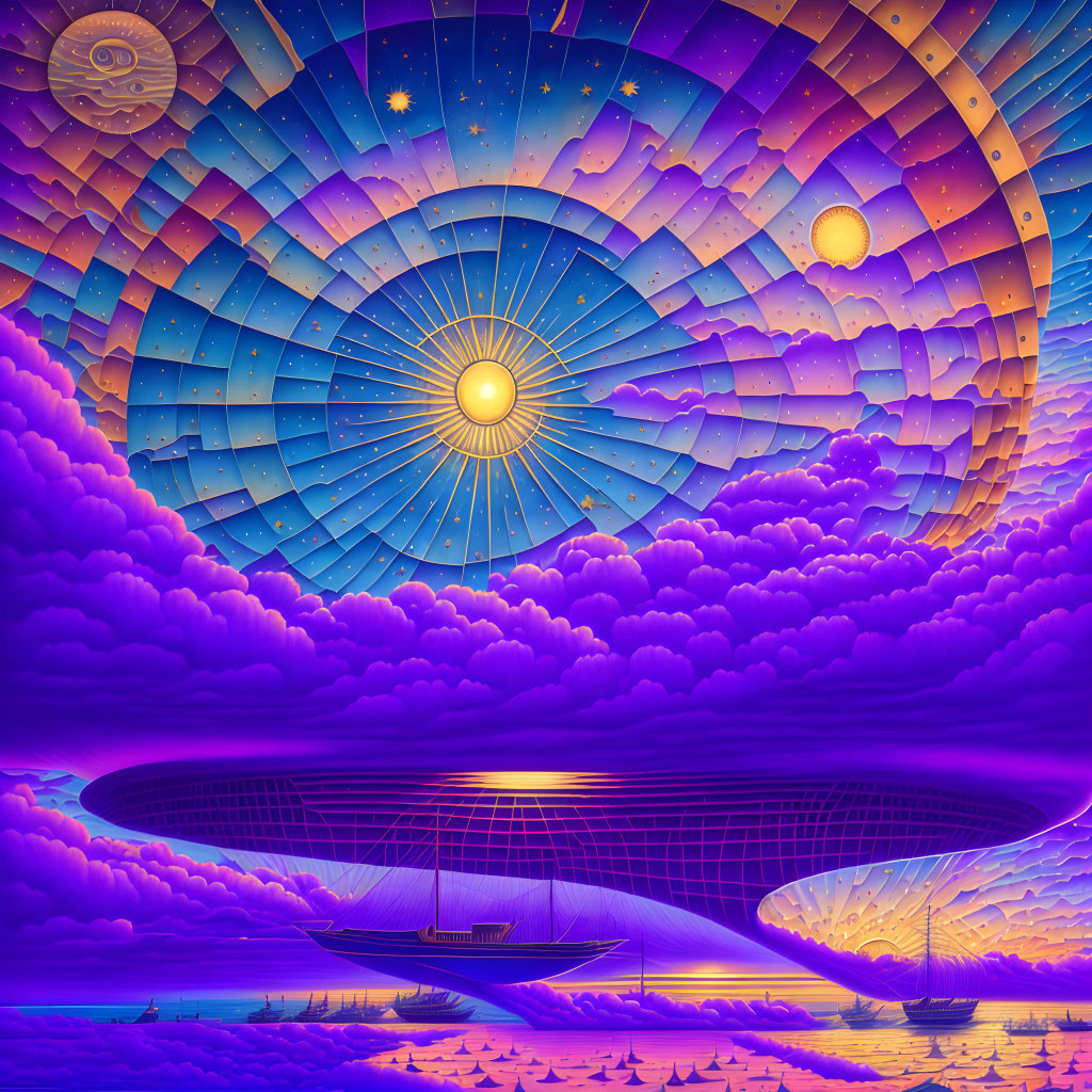 Surreal artwork: Radiating sun, sky patterns, futuristic structure, ships