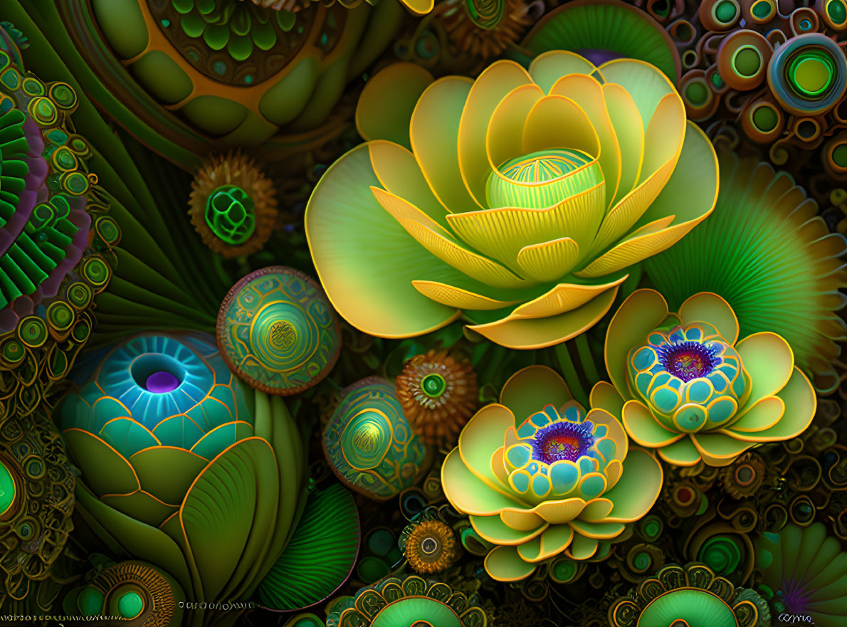 Colorful Fractal Patterns and Stylized Flowers in Green, Yellow, and Blue