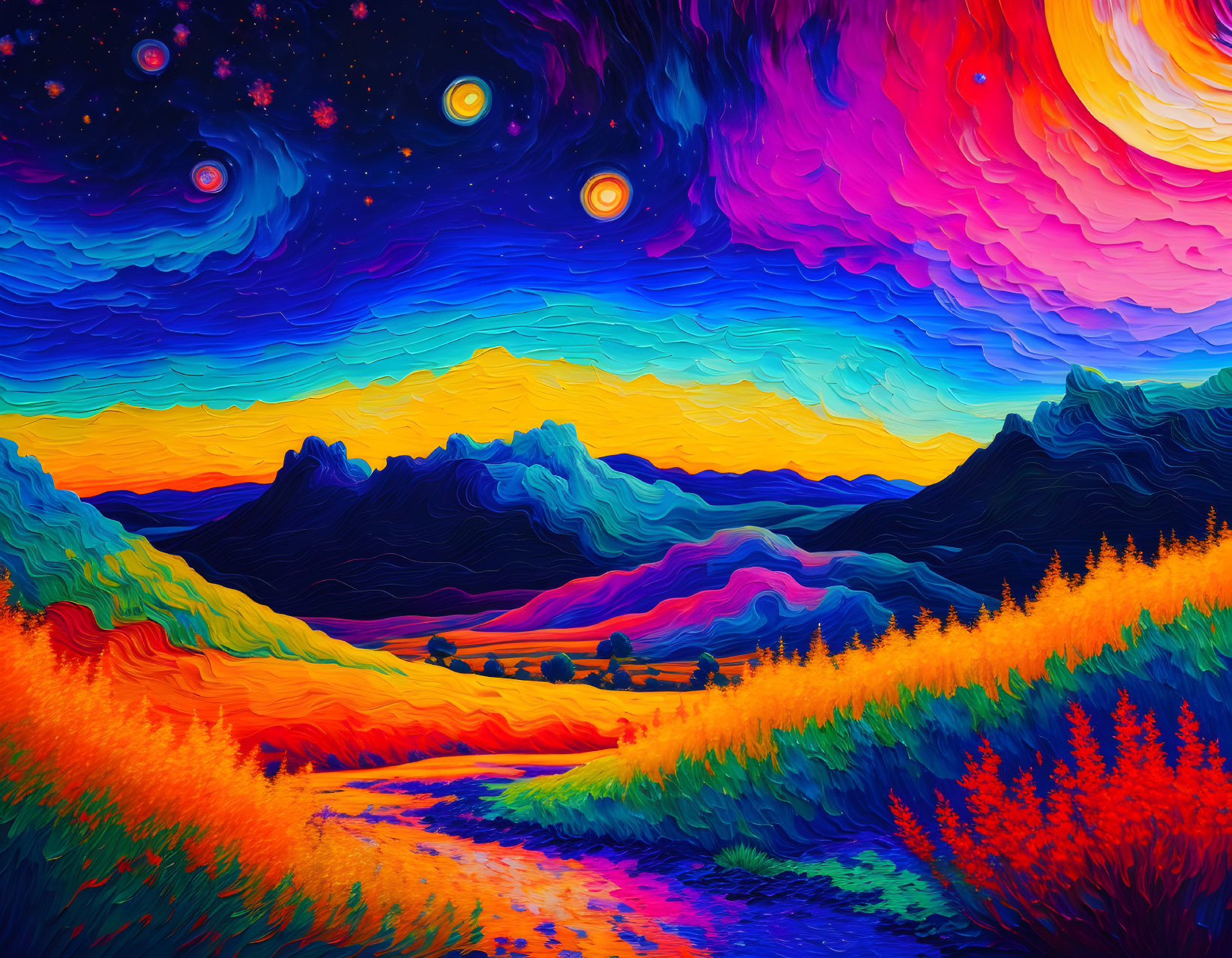 Colorful Psychedelic Landscape with Swirling Skies and Stylized Mountains