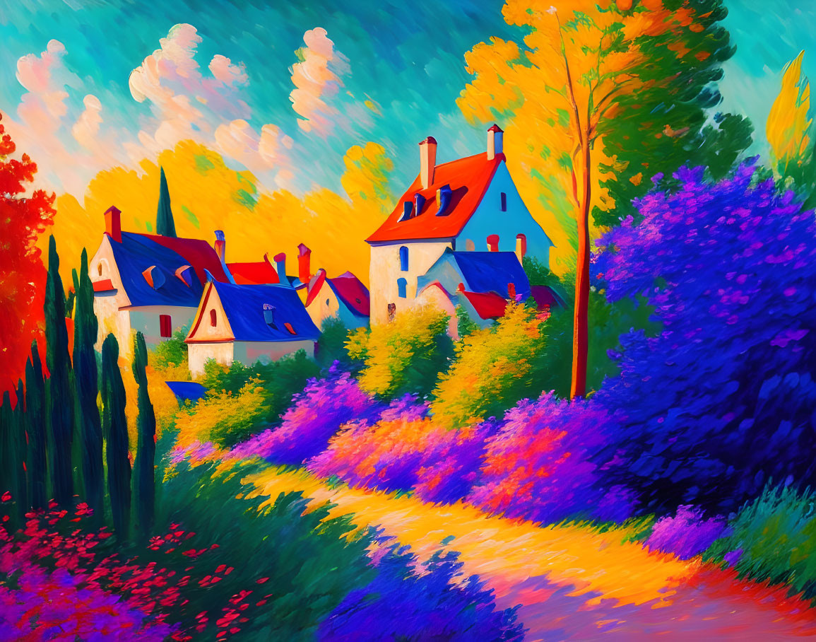 Colorful countryside painting with flowers, red-roofed houses, and dynamic clouds