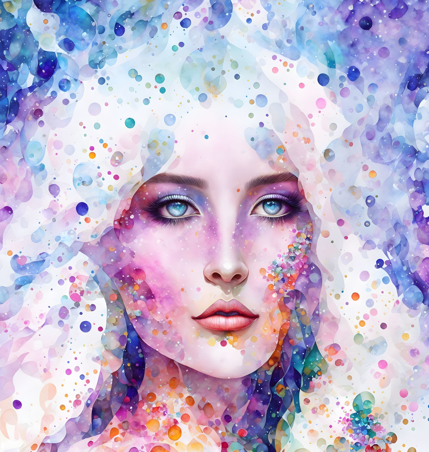 Vibrant portrait of a woman with cosmic, watercolor effect