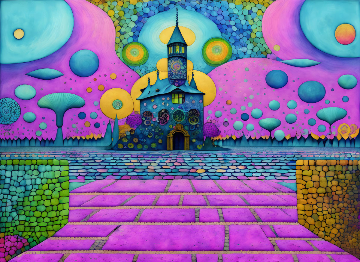 Colorful painting of whimsical castle and psychedelic orbs.